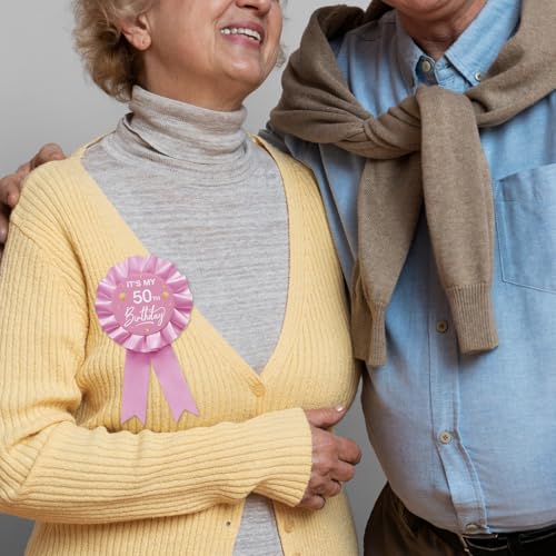 It's My 50th Birthday Tinplate Badge Pin Pink Satin Fabric 50 Year Old Birthday Themed Button Pin Party Decorations Award Ribbon Badge Pin3