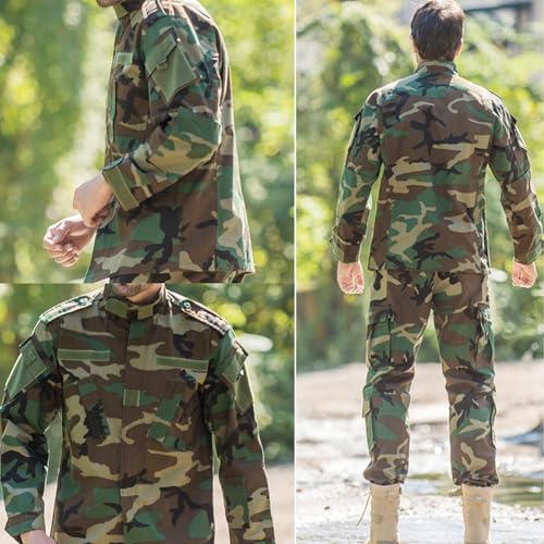 H World Shopping Military Tactical Mens Hunting Combat BDU Uniform Suit Shirt & Pants with Belt Woodland - Image 3