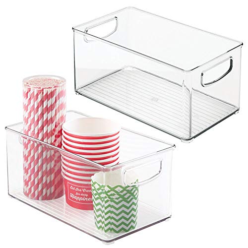 mDesign Plastic Organizer Bin w Handles for Kitchen, Pantry Shelf Organization; Cabinet, Refrigerator, Freezer, Fridge, Food Storage for Fruit, Yogurt, Snacks, Dry Pasta - 6 Wide - 2 Pack - Clear