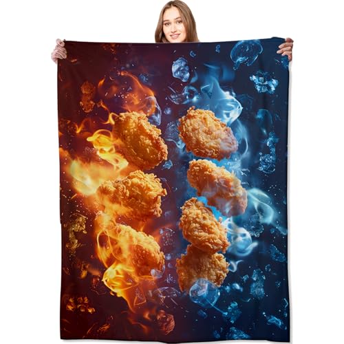 VODRM Manta de pepitas de pollo frito caliente y frío, manta dinámica de fuego y hielo, regalos de cumpleaños para hombres y mujeres, forro polar suave y ligero, amantes de la comida, sofá, cama,