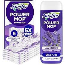 Swiffer Power Mop Refill Pack, Floor Cleaner for Mopping Tile, Vinyl, Laminate, Wood in Home, Bathroom, Kitchen, All Purpose Multi-Surface Cleaning, 5 Pads + 1 Lavender Solution