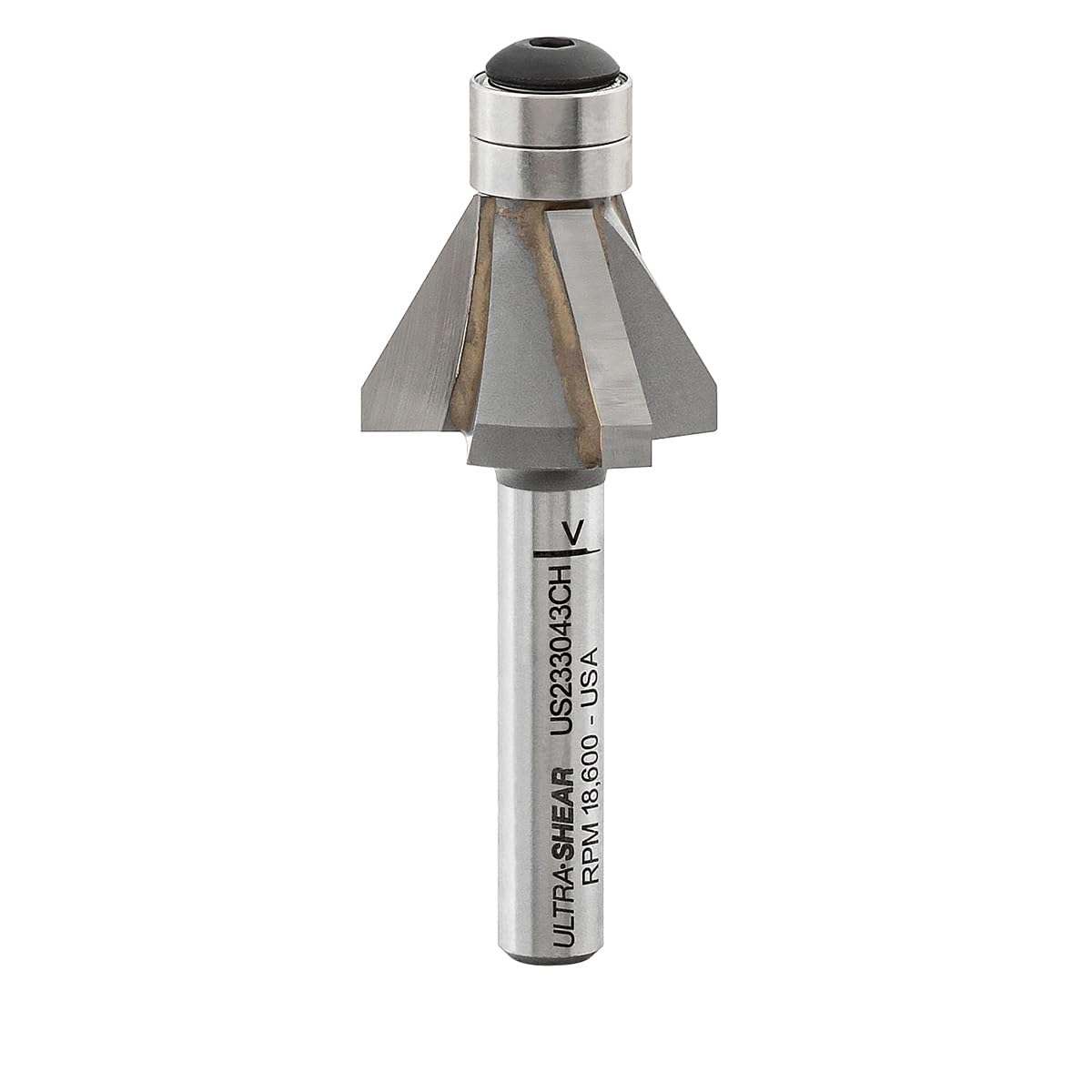 Ultra-Shear Chamfer Router Bit, 1/4 Shank, 30 Degree, 3 Flute, Twin Bearing, Carbide Tipped, USA Made Edge Forming Bevel Bit - US233043CH