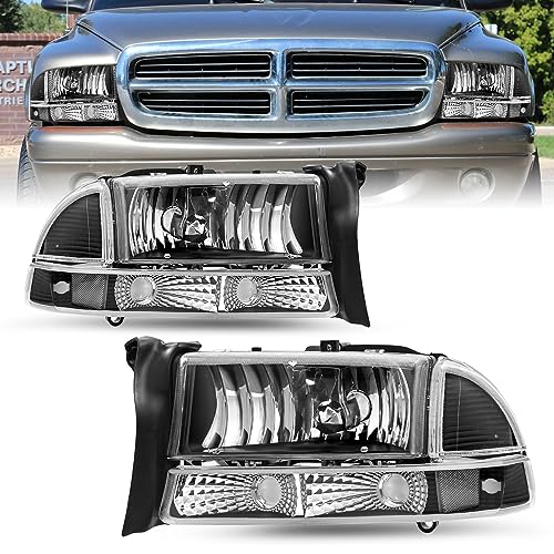 SOCKIR Halogen Headlight Assembly Compatible with 1997-2004 Dodge Dakota / 1998-2003 Dodge Durango Headlamp Driver and Passenger Side Black Housing & Clear Reflector