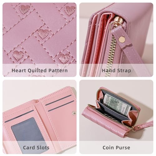 Wallet Women, Cute Pink Ladies Wallet, Love Heart Trifold Wallets Woman Business Credit Card Holder with Zipper Purse for ID Cards Cash Coin Key (Pink)3