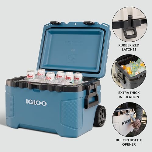 Image of Igloo Trailmate 52Qt Wheeled Cooler, Insulated Hard Shell Ice Chest, Modern Blue