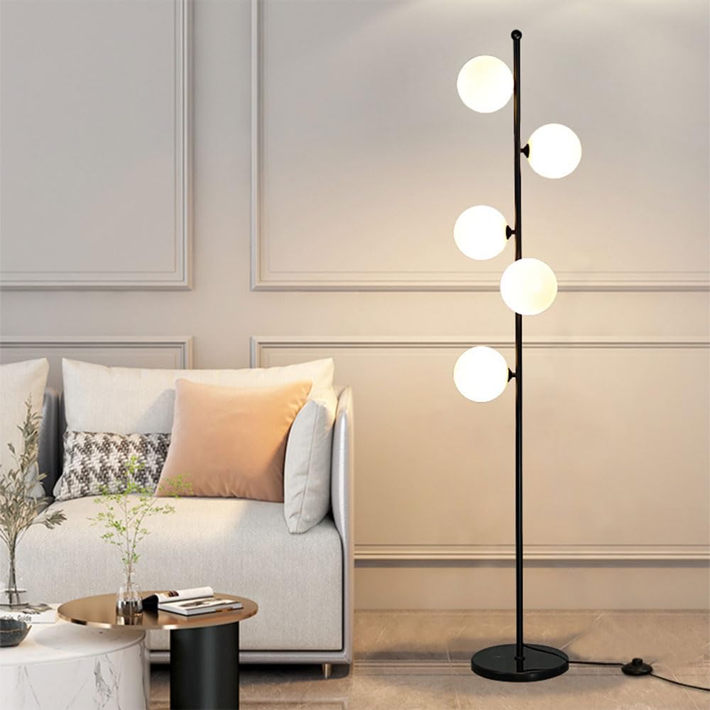 Lampada terra creativa 5 sfere Paralume in vetro bianco Lampade terra Lampade lettura per interni Lampade alte Lampada decorativa verticale per soggiorno Interruttore pedale Base in marmo Lamp