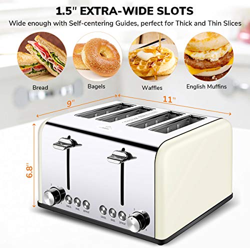 Toaster 4 Slice, CUSIBOX Retro Stainless Steel Extra Wide Slots Toaster with Bagel, Defrost, Cancel Function, 6 Bread Shade Settings, 1650W, Cream - Thumbnail 7