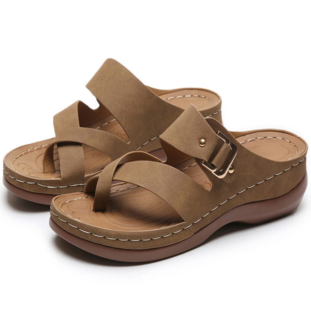 Sandalias Plataforma Punta Abierta para Mujer Sandalias corrección de juanetes Piel sintética Chanclas Verano Dedo Gordo del pie Corrección de la Sandalia,Caqui,36