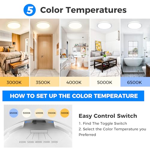 Peasur 2Pack Bathroom Light, 3000K/3500K/4000K/5000K/6500K 5 Color Temperature LED Ceiling Light, 24W 2800LM, IP54 Waterproof, Round Flush Ceiling Light for Bathroom, Kitchen, BedroomØ33CM(White) - Cosy Home Interiors Peasur 2Pack Bathroom Light, 3000K/3500K/4000K/5000K/6500K 5 Color Temperature LED Ceiling Light, 24W 2800LM, IP54 Waterproof, Round Flush Ceiling Light for Bathroom, Kitchen, BedroomØ33CM(White) - Image 2