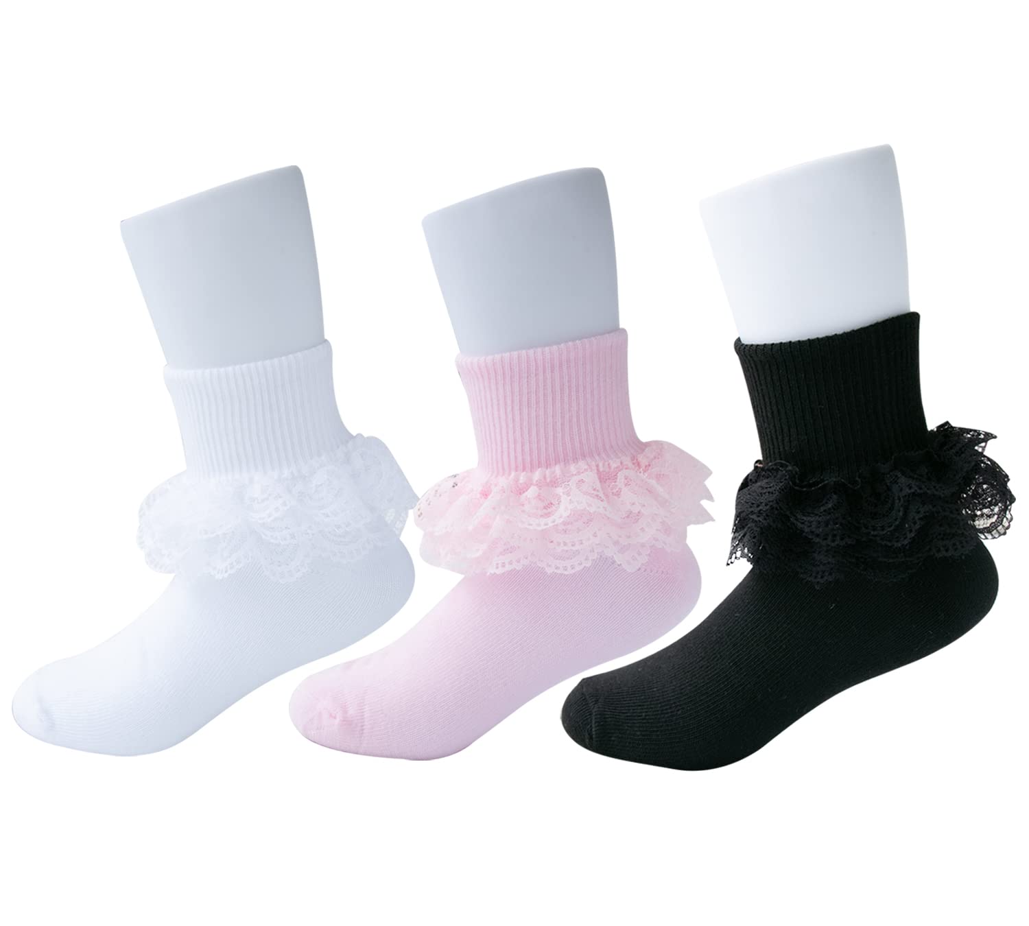 BonjourMrsMrGirls Lace Socks Ruffle Frilly Cotton Anklet Dress Socks for Kids Toddler Girls White/Black/Pink/Red