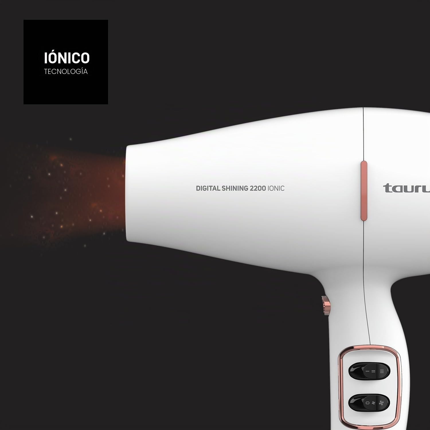 Taurus Secador de Pelo Digital Shining 2200 Ionic, 2200W | Iónico, Cabello Sin Encrespamiento | 3 temperaturas, 2 velocidades | 3 accesorios incluidos | Gancho para colgar | Golpe de Aire Frío Blanco