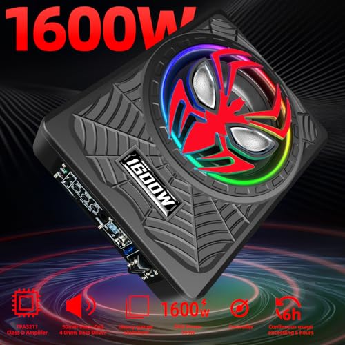 Image of 2026 Upgraded 1600W Car Subwoofers, 10 inch Ultra-Thin Powered Under-Seat Subs with Built-in Amplifier, (LPF /Gain /Bass Boost) RGB Ambient Lights, Independent Bass Knob, High Output Distortion-Free Audio