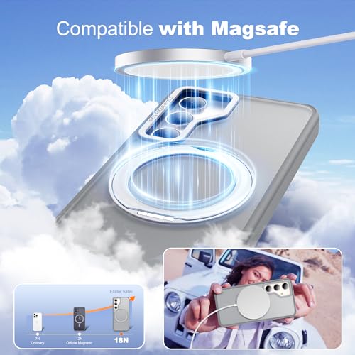 Image of Compatible with Samsung Galaxy S24 Plus Case with 360Rotatable Magnetic Ring Stand Compatible with Mag-Safe Military Protection Matte Translucent Phone Case for Galaxy S24+,Gray