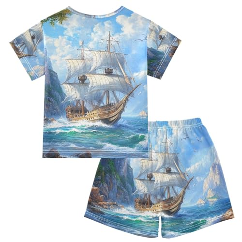 ALAZA Nautical Ship Sea Landscape Pajama Set Short Sleeve Sleepwear Soft Lounge Nightwear2