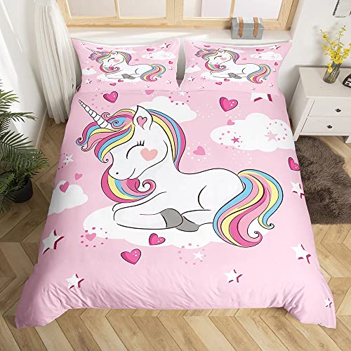 Loussiesd Unicorn Duvet Cover Set for Kids Girls Pink Heart Bedding Set Unicorn Gifts Comforter Cover Cute Bedding Double - Image 2