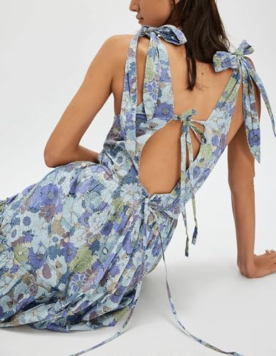 Image of Women Y2k Boho Maxi Dress Tie Shoulder Backless Strappy Tiered Flowy Dress 2024 Summer Floral Beach Sundress
