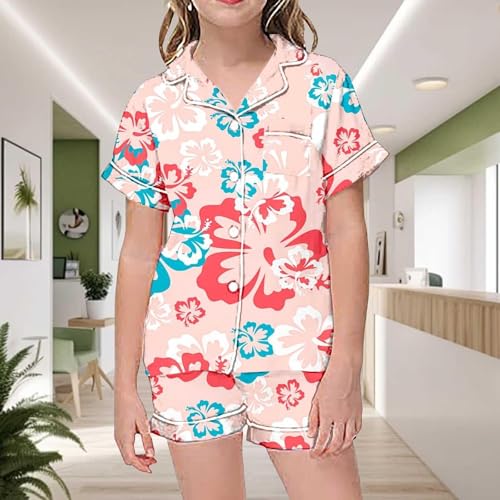Graphic Button Down Satin 𝐏ajamas Set Girls Short Sleeve Top Shorts 𝗦leepwear Trendy Hawaii Holiday 𝗡ightwear4