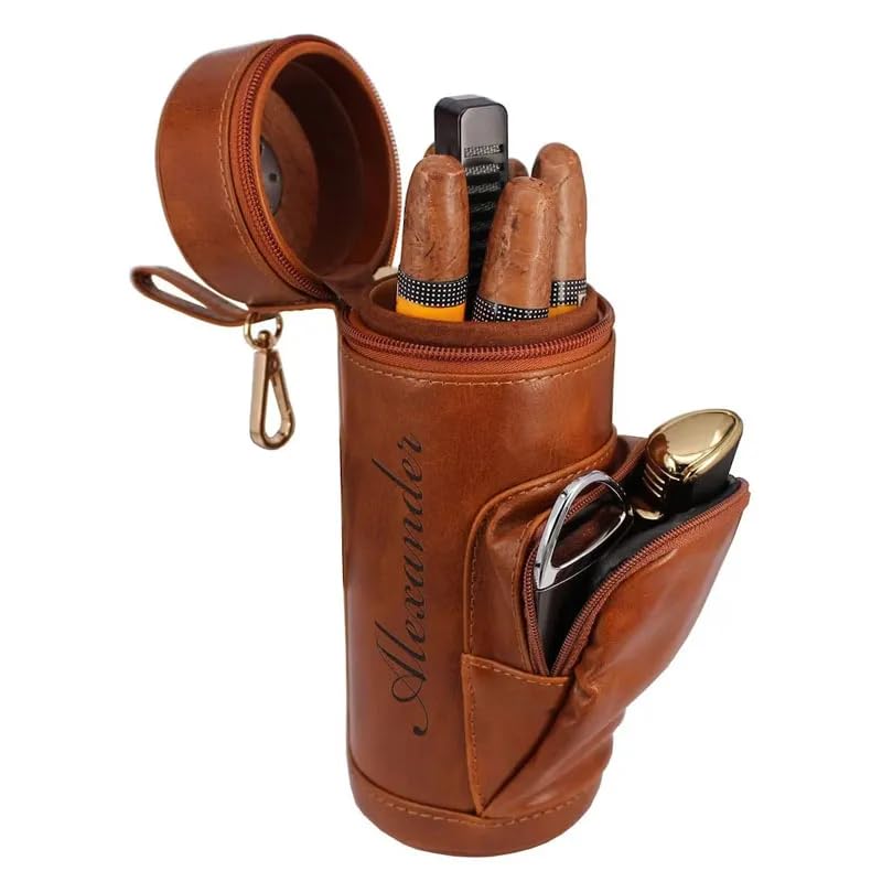 Personalized Leather Cigar Case Holder, Custom Name Cylindrical Hand Carry Cigar Box with Accessory Pocket Engraved Travel Portable Men Cigar Humidor Case for Father/Groomsmen/Boyfriend Gift