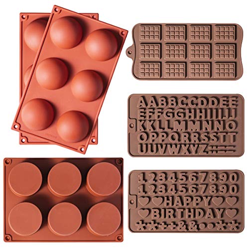 Silicone Mold, 6 Packs Baking Mold Including 6 Holes Semi Sphere Chocolate Mold, Round Cylinder Cookie Mold, Silicone Letter Mold, Number Cake Molds, Chocolate Bar Mold for Chocolate Bomb Cake Jelly