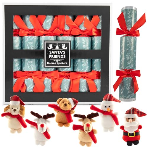 Olde English Crackers Santas Helpers Party Favors - Set of six Decorative Favors filled with Small Stuffed Animal Ornaments dressed in Holiday Season Attire