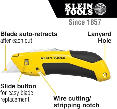 Miniatura 2 de Klein Tools 44136 Cuchillo utilitario, cortador de caja autoretráctil y cuchillo de manualidades con agarre antideslizante, pelacables y agujero