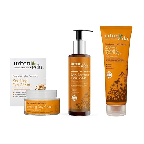 Urban Veda Paquete calmante para el cuidado de la piel vegano, crema de día, lavado facial y esmalte facial exfoliante, libre de crueldad para una