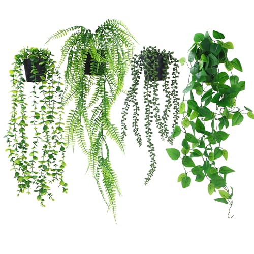 4 Pezzi Pianta Artificiale Sospesa Pianta Finta Cadente con Vaso, Piante Rampicanti Finte, Pianta Artificiale di Edera Pensile Piante Artificiali da Esterno Adatto per Casa Giardini Decorazioni Murali