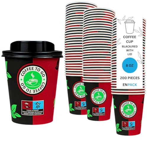 Enpack - 200 Kaffeebecher mit Deckel - 200ml/8oz - Ökologische kompostierbare Trinkbecher - Hitzebeständige To Go Becher - Recycelbar Einwegbehälter für Kaffee/Tee/Kakao