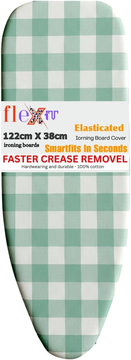 Flexitt Smart Elasticated Ironing Board Cover with felt pad layer for boards upto 122cm x 38cm - Easyfit soft and heat resistant