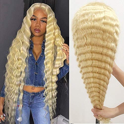 Middle Part Deep Wave 613 Lace Front Wigs for Women Brazilian Curly Deep Blonde 13x1 Lace Front Wigs Pre Plucked with Baby Hair 150 Density Human Hair Wigs SPARKLE DIVA (14inch, 613 deep)
