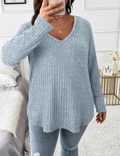 Image of Koscacy Women Plus Size Casual Knit Sweater with Pocket V Neck Solid Color Tops Lightweight Long Sleeve Blouses