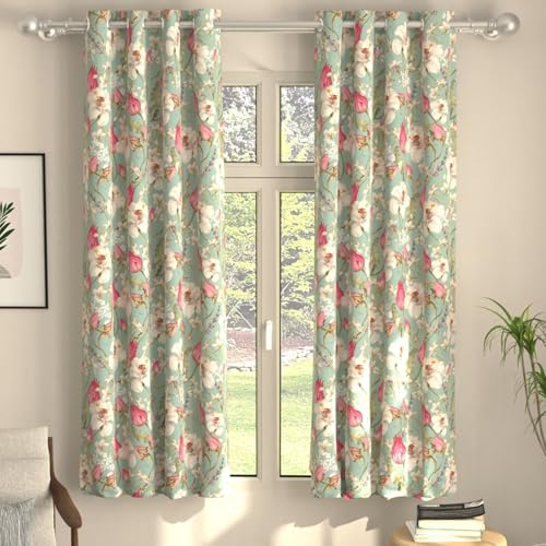 Image of Urban Space Blackout Curtains 5 Feet Set of 2 for Window, 80-85% Light Blocking Curtains for Living Room, Digital Printed Curtains with Eyelets, Tieback Included (Flora nova sage, 5 Feet)