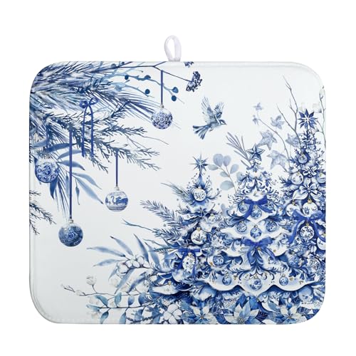 Wnoesat Christmas Tree Dish Drying Mat for Kitchen Counter 16x18 Inch Blue White Chinoiserie Winter Xmas Holiday Drying Mats Microfiber Absorbent Dish Draining Reusable Dish Drainer Pad
