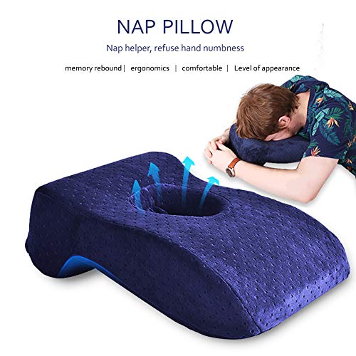SOMIDE Nap Sleeping Face Pillow, Memory Foam Slow Rebound Face Down Desk Pillow Sleeper Back Support, Hollow Design, Removable Washable Velvet Cover Blue