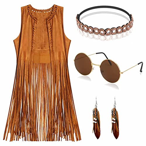YADODO Hippie Kostüm Damen Set Fransen ärmellos Weste Hippie Kleidung...