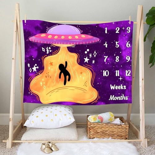 Image of UFO Baby Monthly Milestone Blanket, 60x40in Soft Flannel, Alien Round Spaceship, Newborn Mom Gifts, Baby Shower Age Growth Tracker with Bonus Maker (Purple Pink, 60x40in)