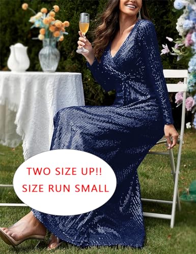 Image of Long Sleeve Sequin Dress For Women Formal Gowns Sparkly V Neck Maxi Dress