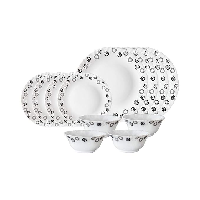 Larah by Borosil Universe Opalware Dinner Set, 12 Pieces, White
