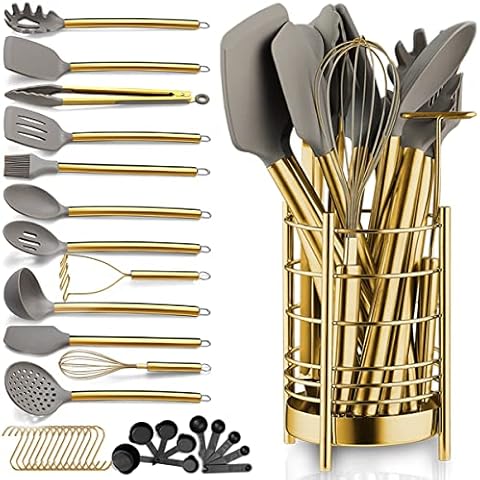 Gold Kitchen Utensils Set, Berglander 38 Pieces Non-stick Silicone Cooking Tools Spoon Spatula Set With Sturdy Stainless Steel Utensil Holder, Dishwasher Safe Cover