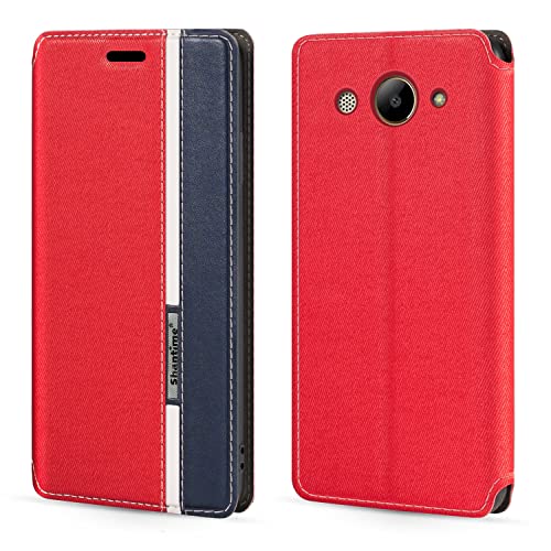 Shantime Funda Tipo Libro de Piel Sintética con Rayas Compatible con Huawei Y3 2018, Cierre Magnético Oculto, Ranura y Diseño a Contraste(Rojo)