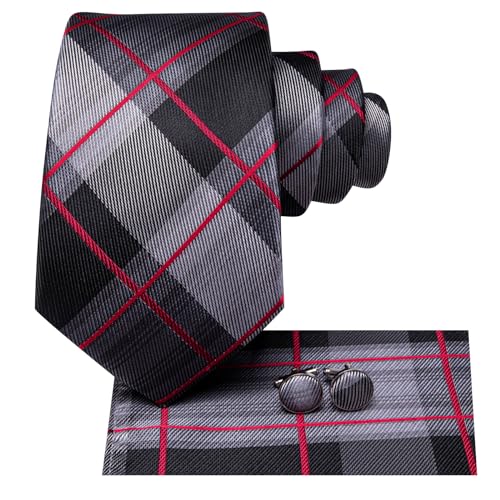 Image of Hi-Tie Mens Plaid Ties Classic Paisley Necktie with Handkerchief Cufflinks Set Business Stripe Tie