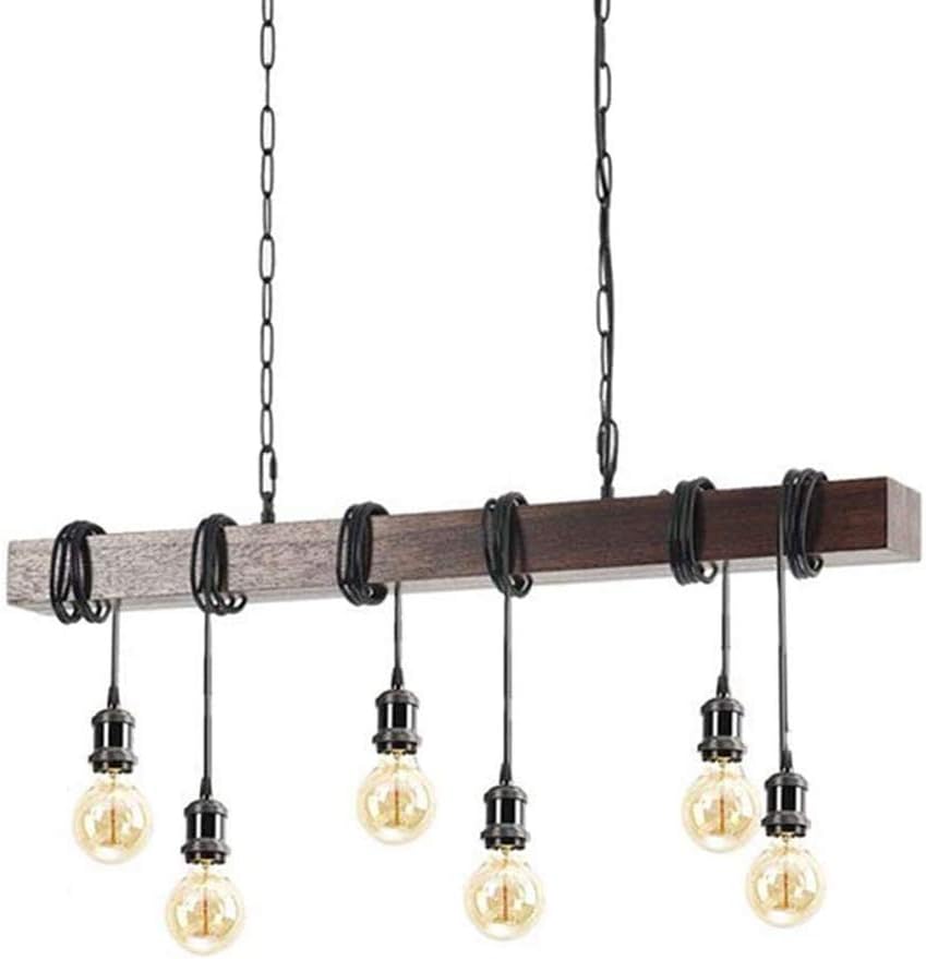 Eoyemin 6-Lights Kitchen Light Fixtures Farmhouse Wooden Retro Rustic Wood Pendant Light Industrial Suspension Line Can Be Adjusted Freely Chandelier for Dining Table Vintage Kitchen Bar Island