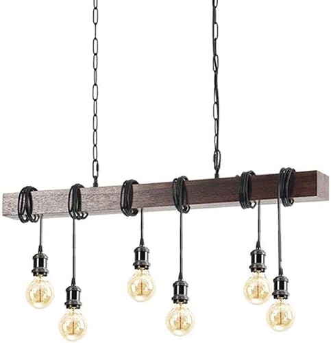 Lámpara colgante de madera rústica con 6 luces de estilo rústico y retro, línea de suspensión industrial, se puede ajustar libremente, lámpara de