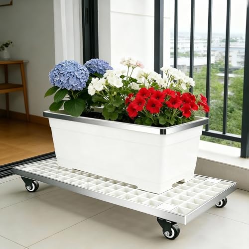 Rectangular Plant Stand with Lockable Wheels Heavy Duty Potted Plant Caddy for Indoor Outdoor Rolling Dolly Casters to Carry Potted Flower Pot, for Patio Yards Gardens Balconie(White,42x27cm)