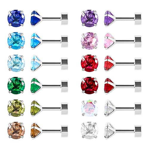 12 paires de boucles d'oreilles en acier inoxydable chirurgical à dos plat, gilet à vis étoile carré larme rond plaqué or CZ tache de naissance stud boucles...