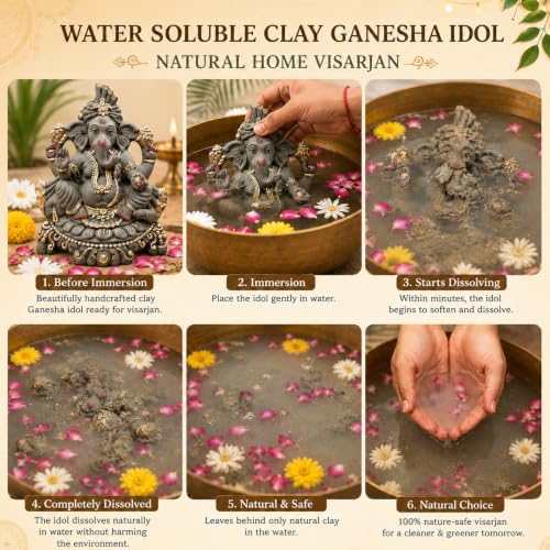 Image of 12 Inches. Big Clay Ganesha Idol, Mitti Ganpati Statue for Visarjan at Home, Water Soluble Clay Idol for Ganesh Chaturthi (Grey Golden)