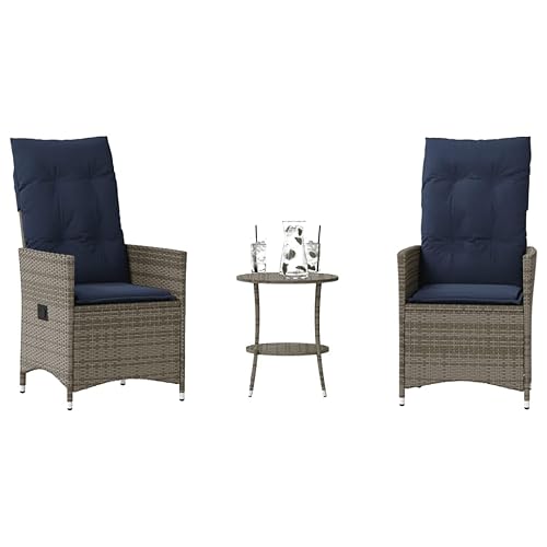 3 Piece Gray Poly Rattan Bistro Set, Adjustable Reclining Chairs