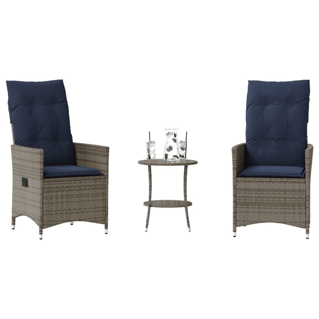 Set da Bistrot 3 pz in Rattan PE Grigio con Sedie Reclinabili | Arredo pieghevole e reclinabile con tavolino coordinato, ideale per momenti di relax in giardino, balcone e terrazzo.