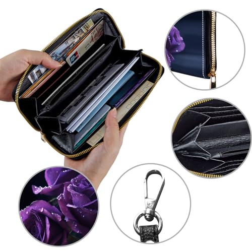 Image of Women's Wallets,Credit Card Holder Money Leather Long Wallet with Wristlet,Large Capacity with Zip-Around Phone Purse for Women Ladies Girls,Three Purple Roses