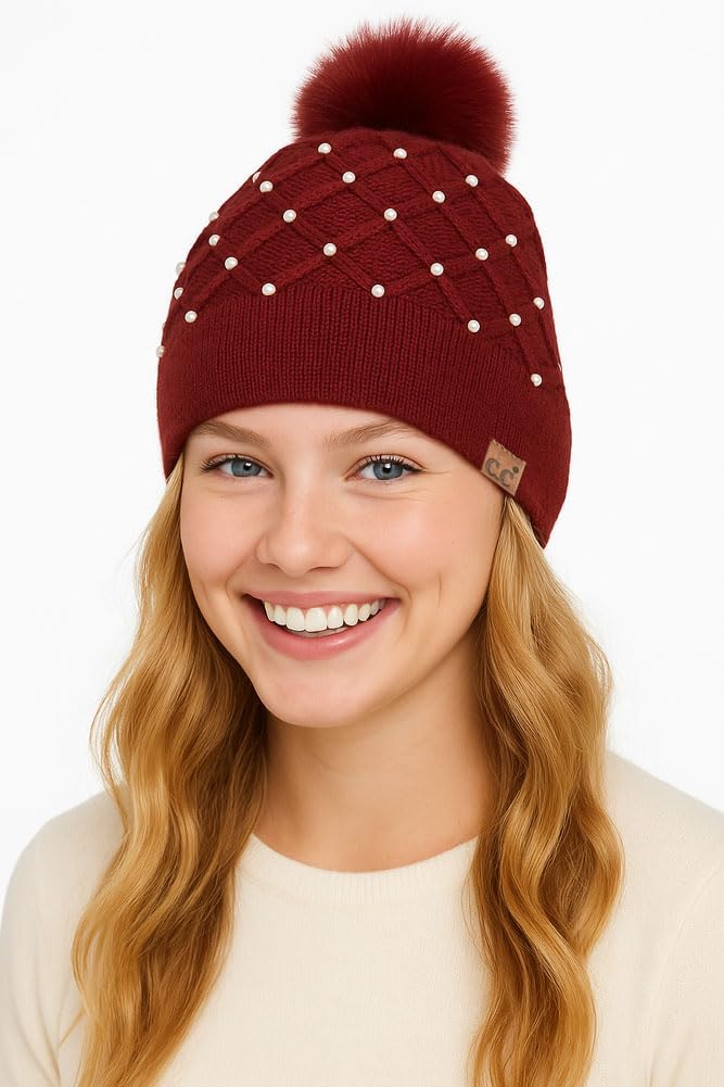 ScarvesMe Soft Warm All Over Pearl Crochet Pom Beanie Winter Hat